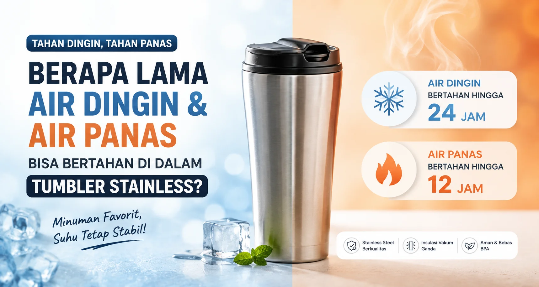 Cari tahu berapa lama air dingin dan panas bertahan di tumbler stainless, faktor yang memengaruhi suhu, serta tips agar minuman tetap dingin atau panas.